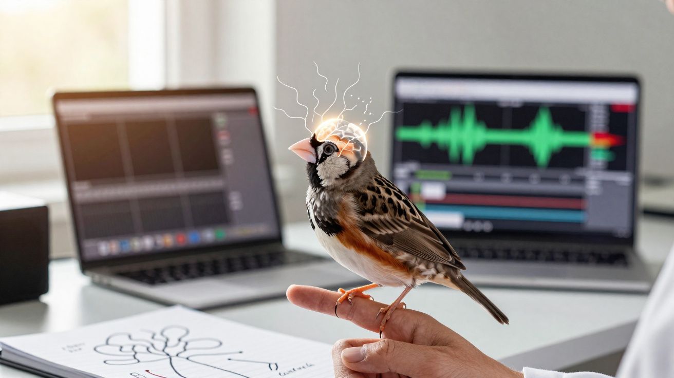 Pássaro com ilustração de cérebro brilhando no dedo de uma pessoa, com laptops e anotações ao fundo.