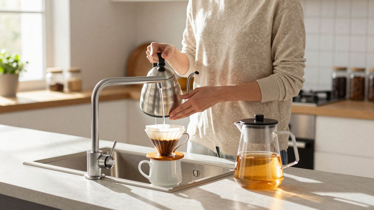 Pessoa preparando café coado com chaleira elétrica em bancada de cozinha iluminada.