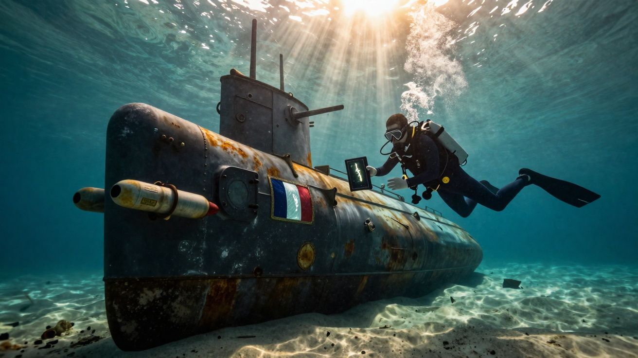 Mergulhador inspecionando submarino antigo e enferrujado no fundo do mar com luz solar iluminando a cena.