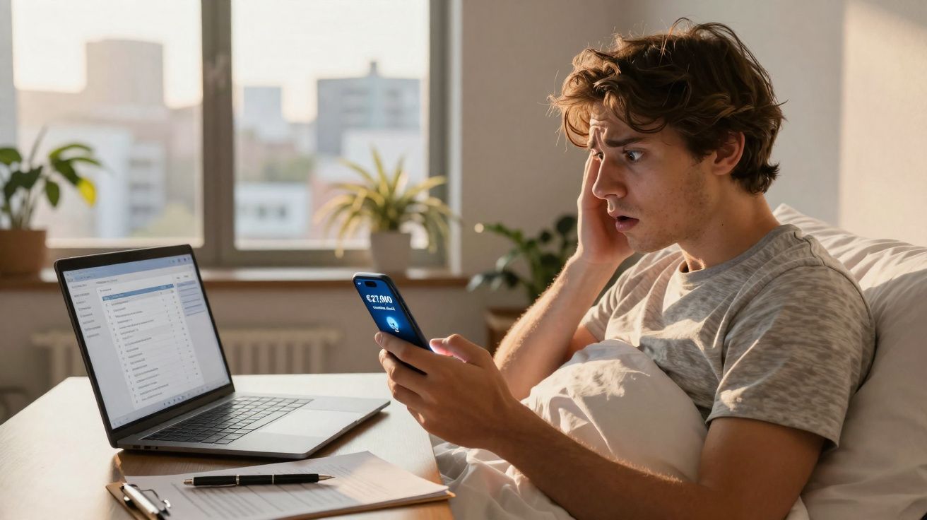 Jovem surpreso olhando para o celular, sentado na cama com laptop e documentos em mesa próxima.