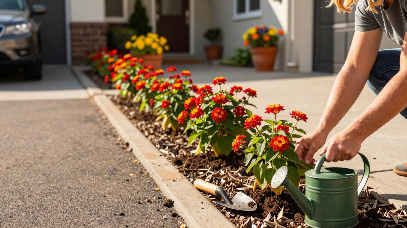 Pessoa regando flores vermelhas em canteiro enterrado próximo à calçada de casa.