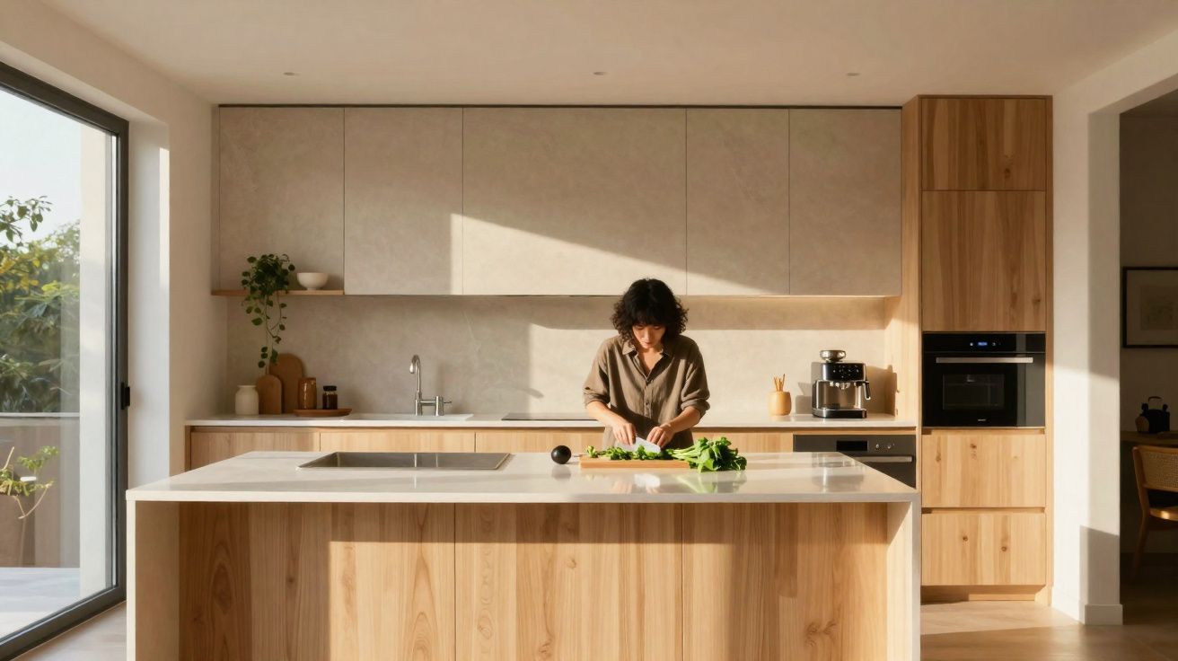 Mulher cortando legumes em cozinha moderna com design em madeira e luz natural entrando pela janela.