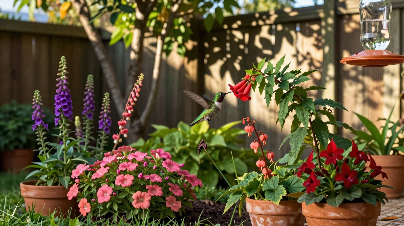 Beija-flor verde voando próximo a flores vermelhas em jardim com vasos de flores coloridas ao fundo.
