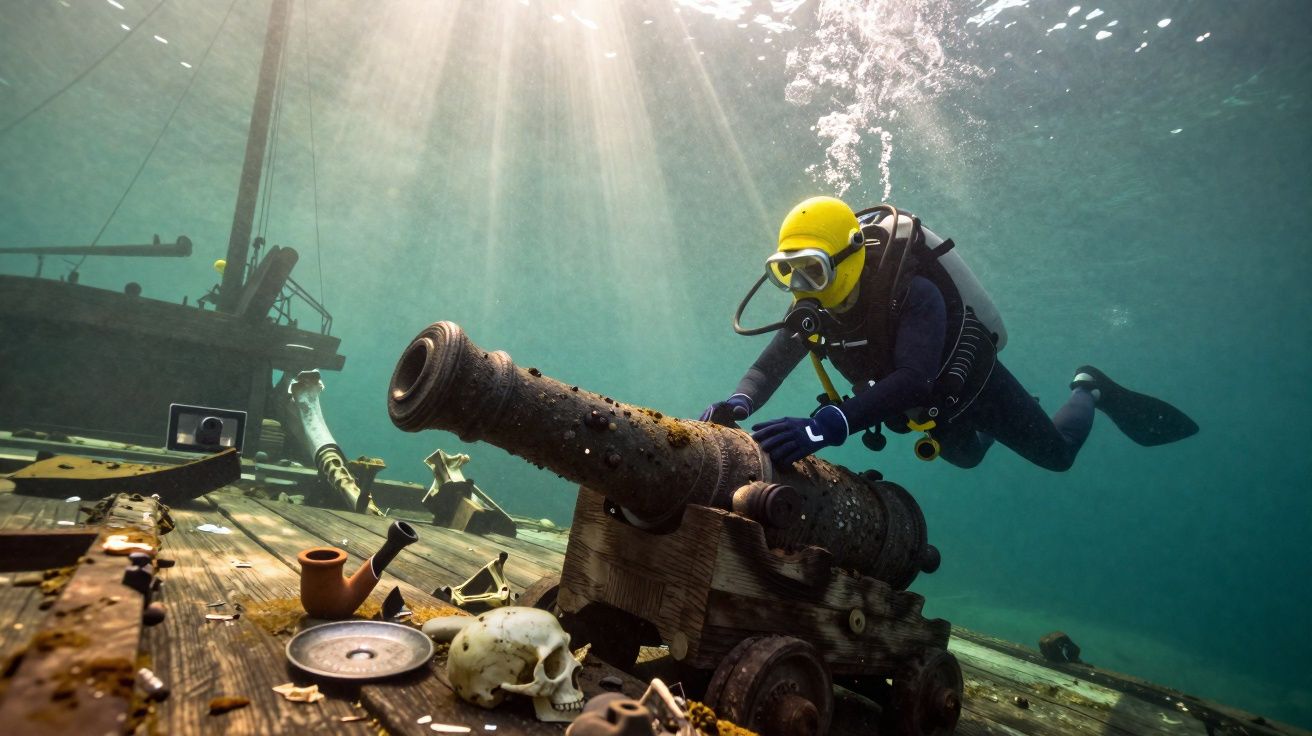 Mergulhador examina canhão enferrujado em naufrágio repleto de objetos antigos no fundo do mar.