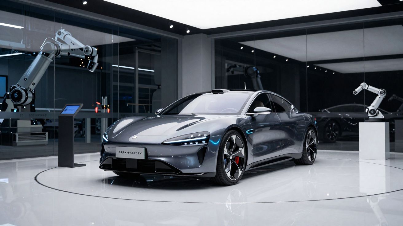 Carro esportivo cinza em ambiente moderno com braços robóticos ao redor e piso branco brilhante.