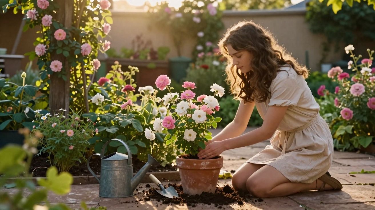 Mulher ajoelhada cuidando de flores rosa e brancas em vaso de barro em jardim ensolarado.