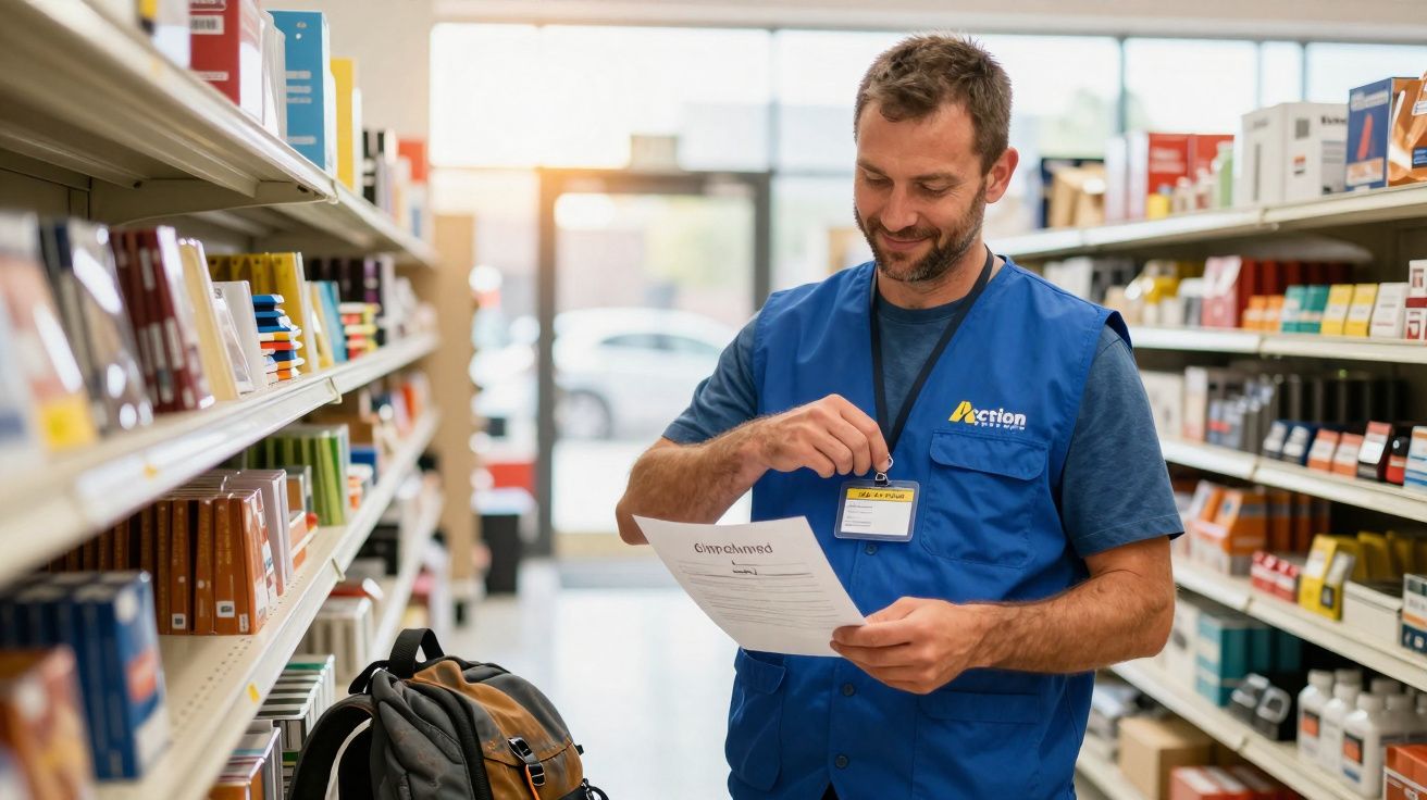 Homem com colete azul em supermercado lendo e sorrindo enquanto segura um papel na mão.