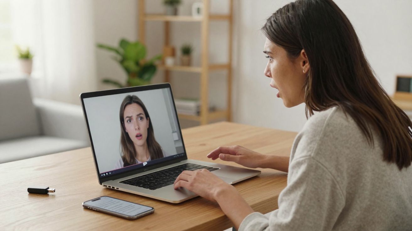 Mulher com expressão surpresa participando de vídeo chamada em computador em mesa de madeira.