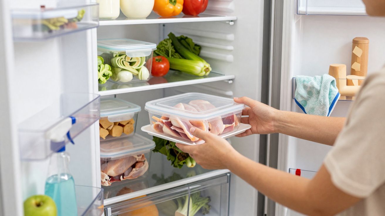 Pessoa guardando frango cru em pote plástico dentro de geladeira com legumes e ingredientes.