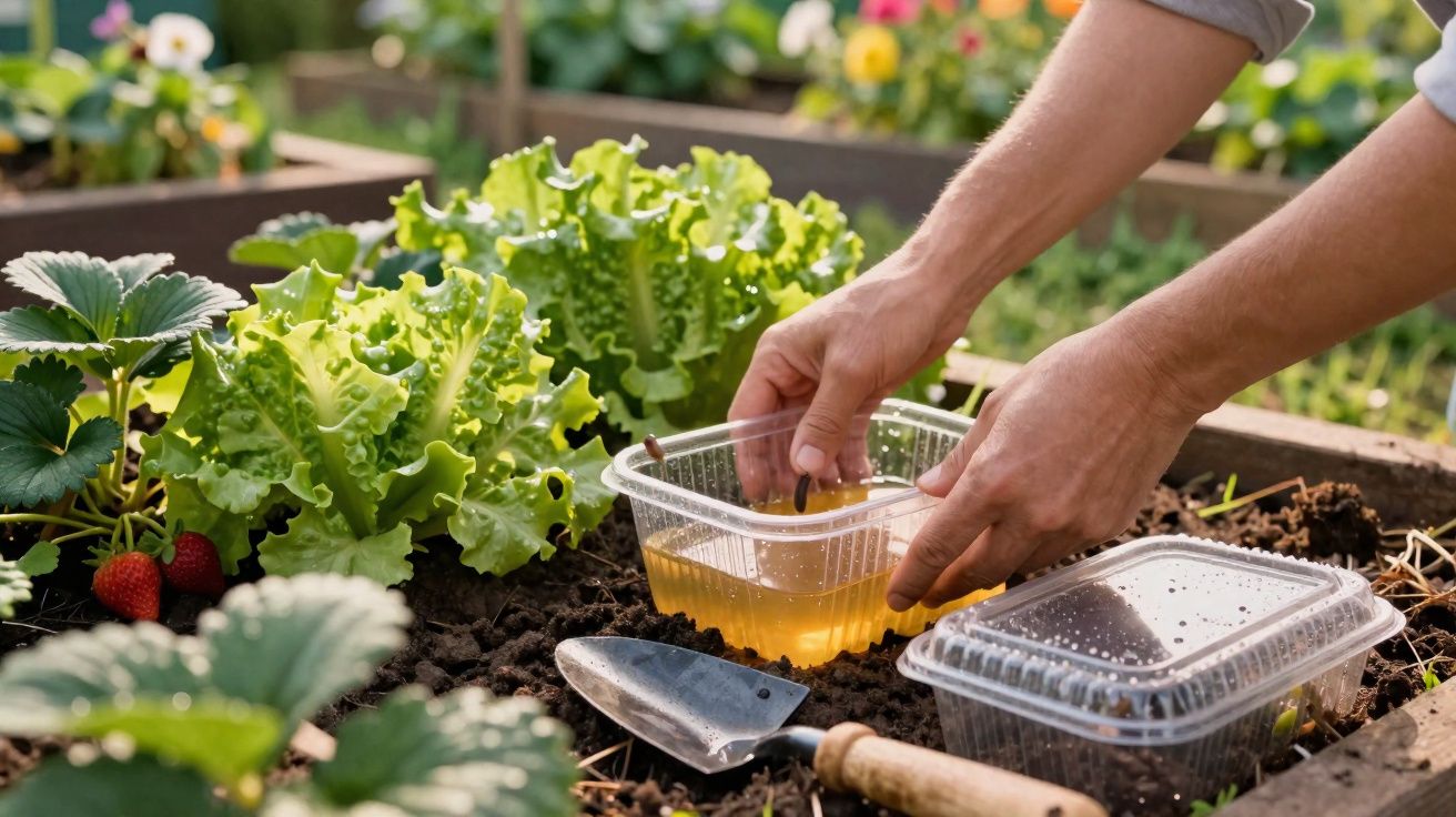 Mãos de pessoa aplicando solução líquida em horta com alface e morangos em canteiro de terra.