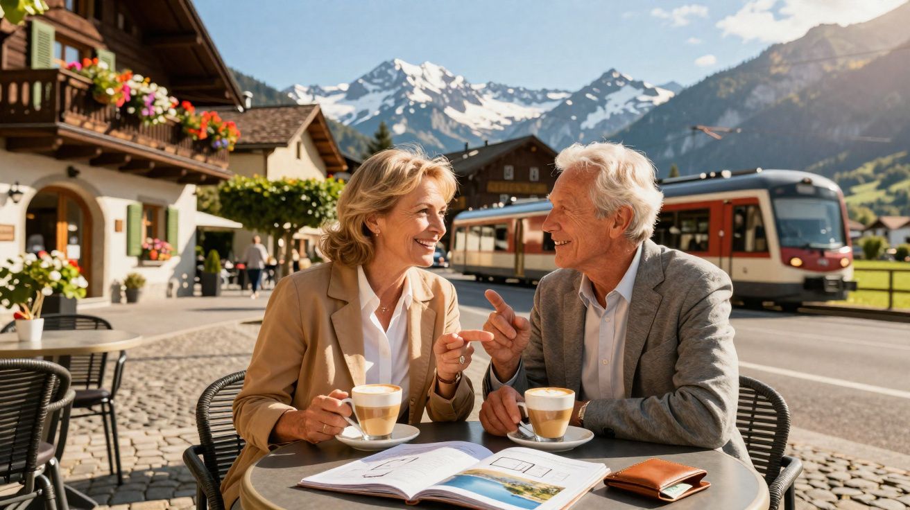 Casal de idosos tomando café em café ao ar livre, com trem e montanhas ao fundo em dia ensolarado.