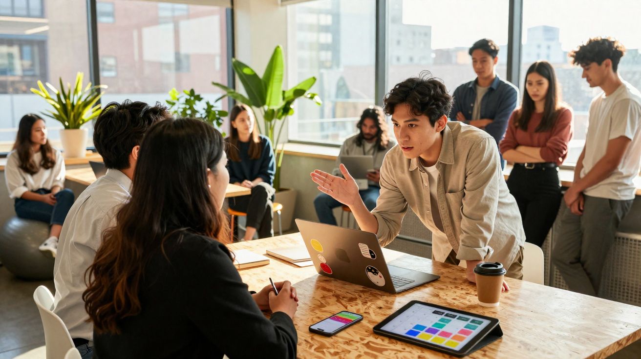Jovens discutindo projeto em ambiente de trabalho moderno, com laptops e dispositivos eletrônicos.