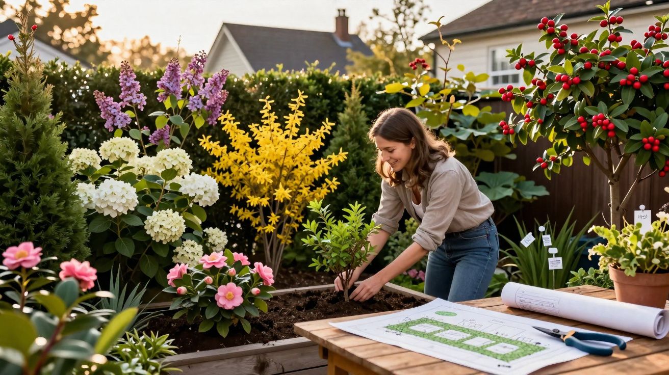 Mulher plantando muda em jardim florido com projeto paisagístico e ferramentas sobre mesa de madeira.