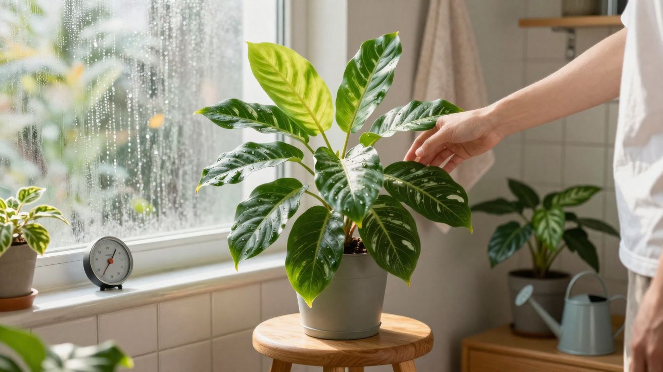 Pessoa tocando folhas de planta em vaso ao lado de janela com gotas de chuva e regador.