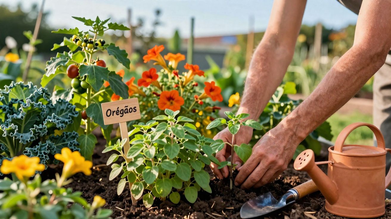Pessoa cuidando de ervas e flores em canteiro com placa de orégãos ao sol.