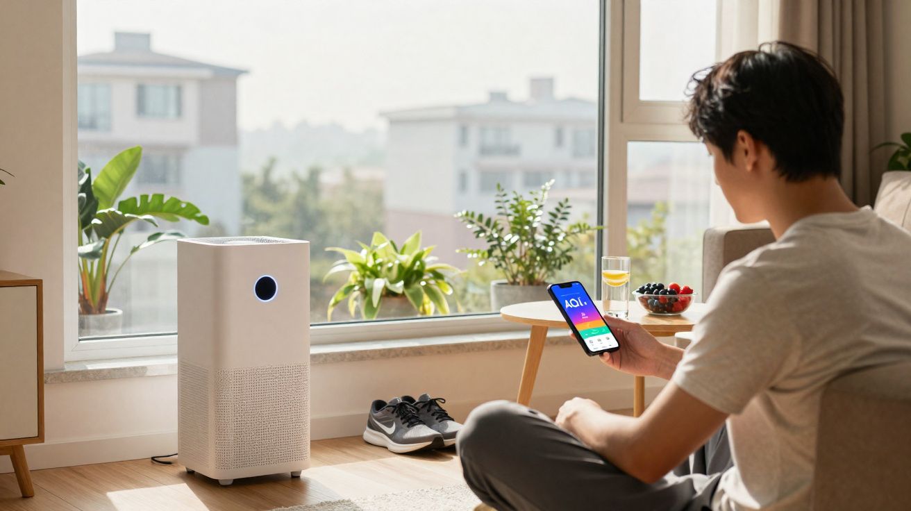 Homem sentado no chão próximo a ar purificador e usando smartphone em sala iluminada com plantas e tênis ao fundo.