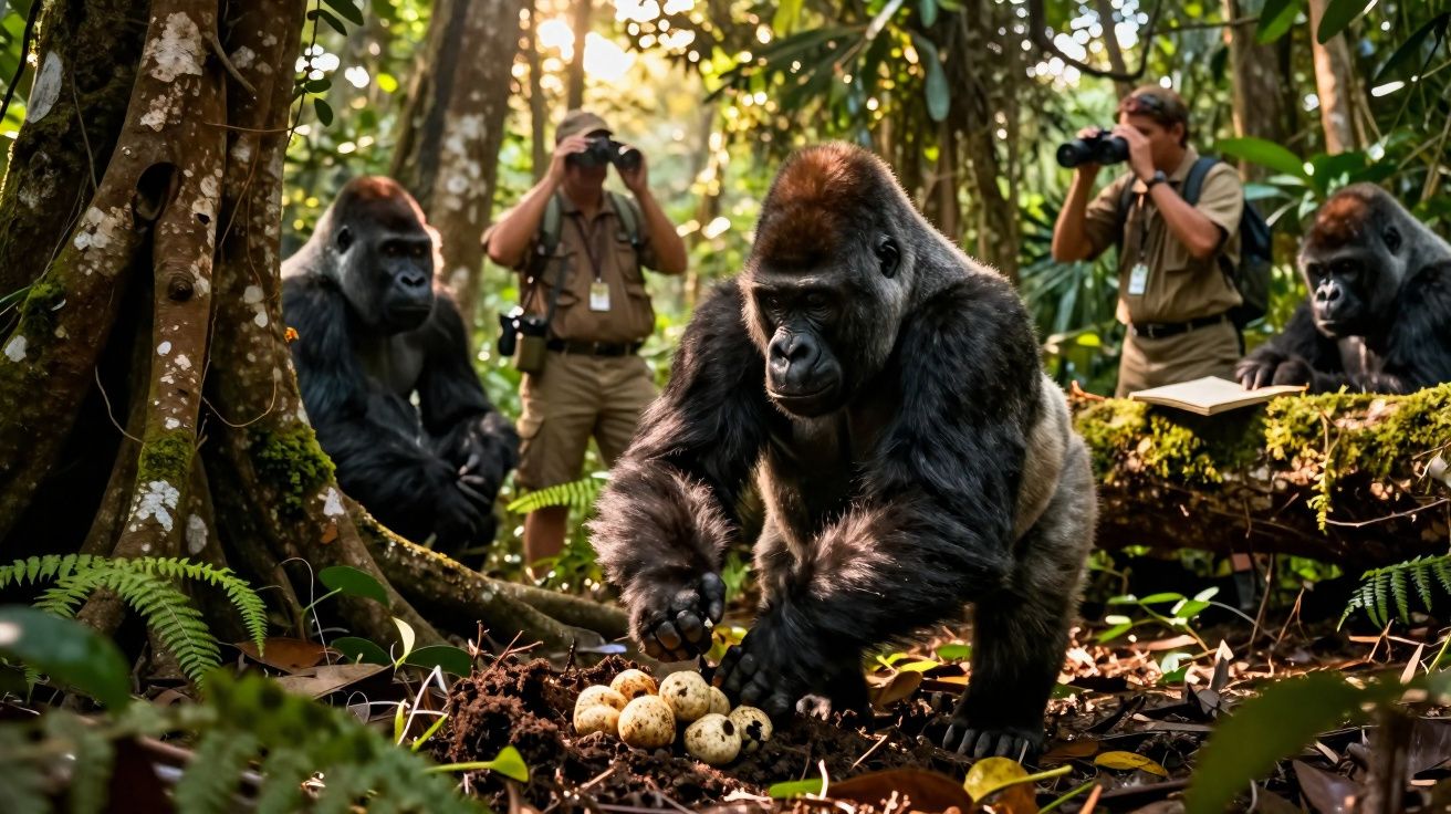 Gorilas na floresta com pesquisadores observando e fotografando ovos no chão entre plantas e árvores.