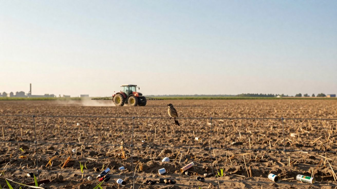 Pássaro pousado em cerca, campo arado com sujeira e lixo, trator ao fundo sob céu claro.