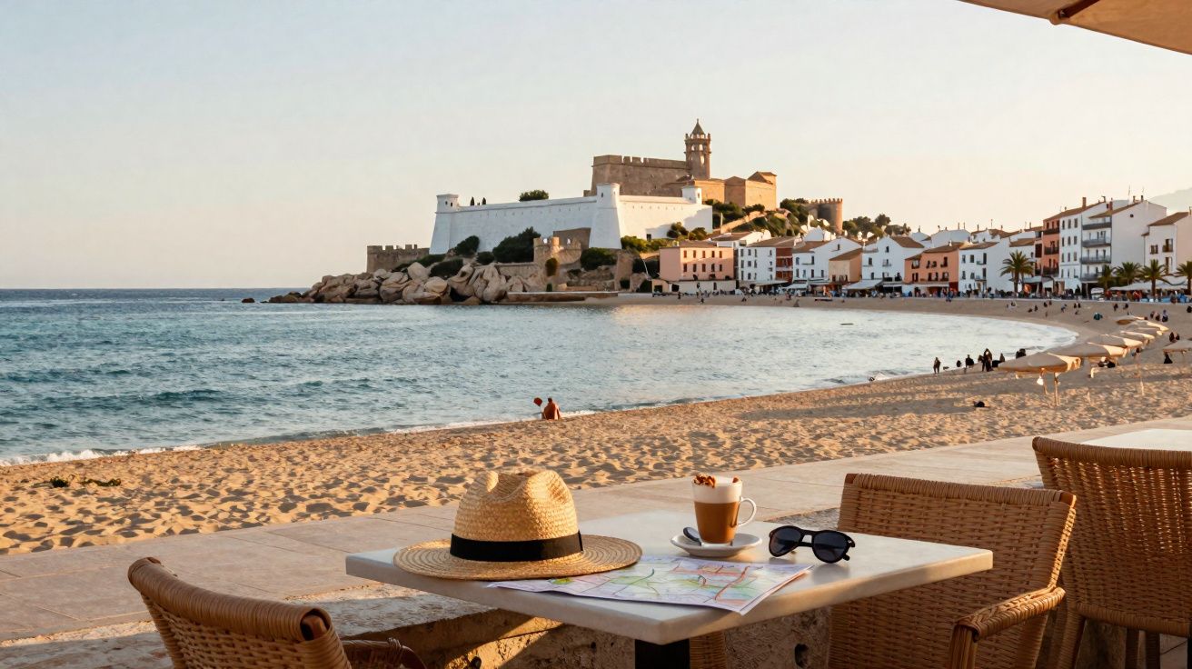 Vista da praia com castelo ao fundo, mesa com chapéu, mapa, café e óculos em primeiro plano.