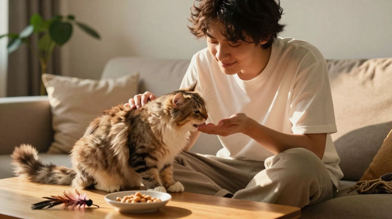 Pessoa sentada no sofá alimenta e acaricia um gato peludo sobre a mesa de madeira.