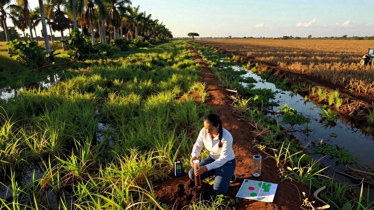 Mulher agachada em lavoura realizando análise do solo com instrumentos e mapa agrícola ao lado.
