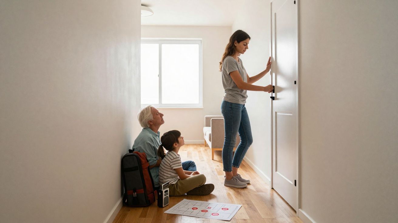 Mulher jovem abrindo porta, criança e idoso sentados no chão olhando para ela em corredor iluminado.