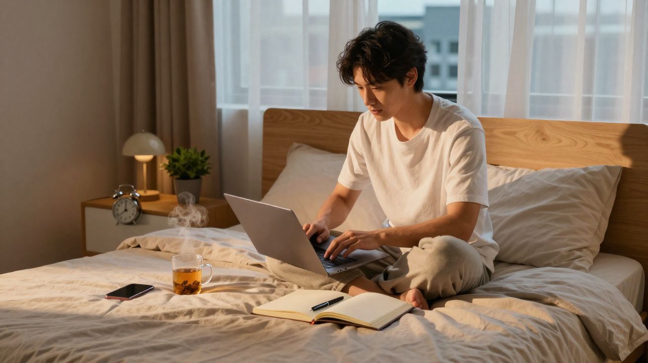 Jovem sentado na cama usando notebook, com caderno, caneca de chá e celular ao lado.