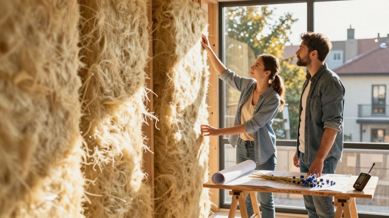 Casal analisando isolamento térmico de fibras naturais em parede de construção, com plantas e plantas na mesa.