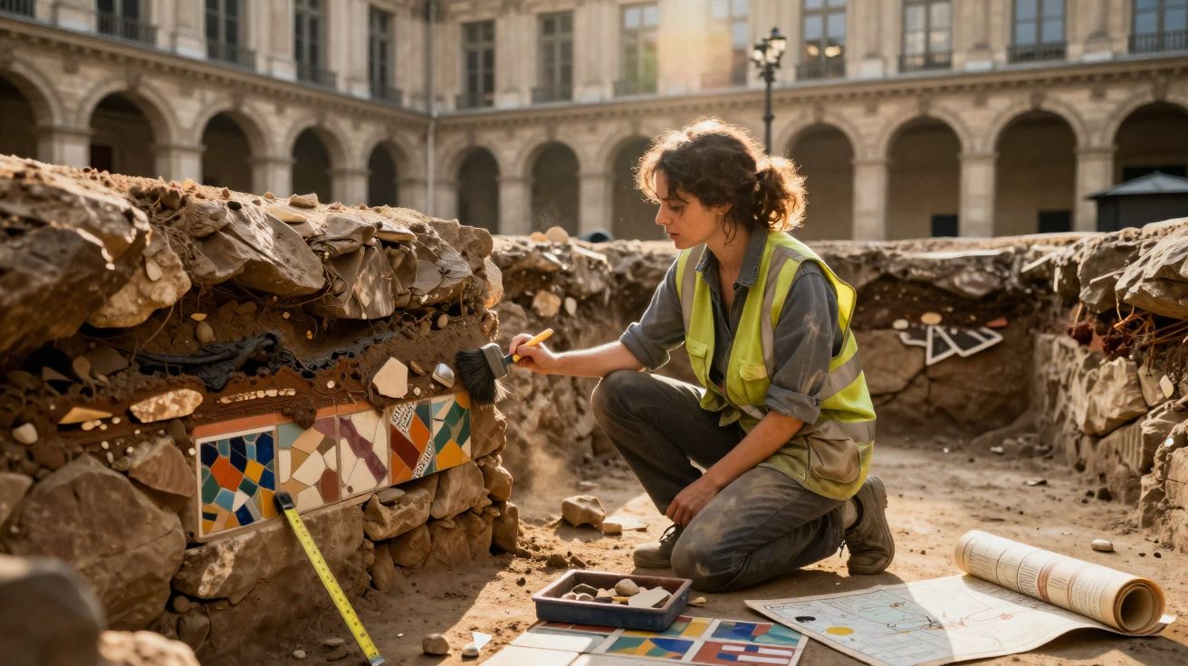 Mulher arqueóloga em escavação analisando mosaicos antigos em sítio arqueológico ao ar livre.