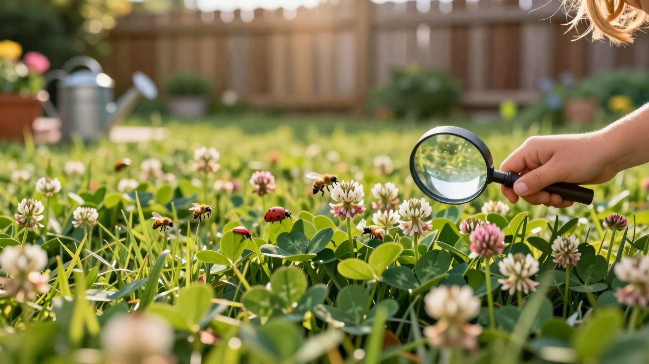 Mão segurando lupa próxima a flores brancas e insetos pousando em jardim com gramado e cerca ao fundo.