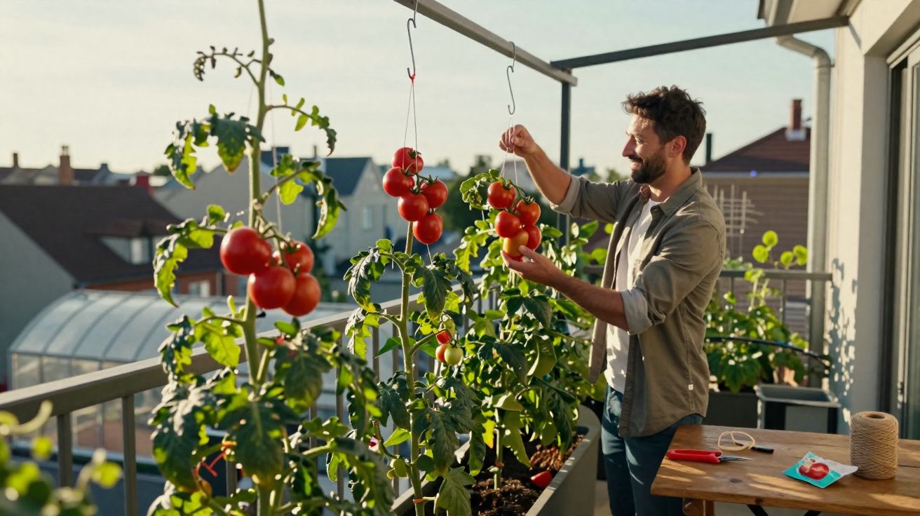 Homem colhendo tomates vermelhos maduros em vasos na varanda durante o dia.