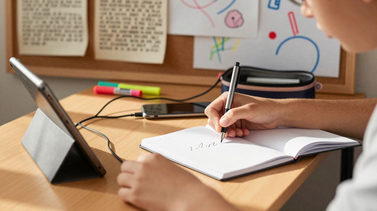 Pessoa escrevendo em caderno aberto com tablet, celular e canetas sobre mesa de madeira clara.