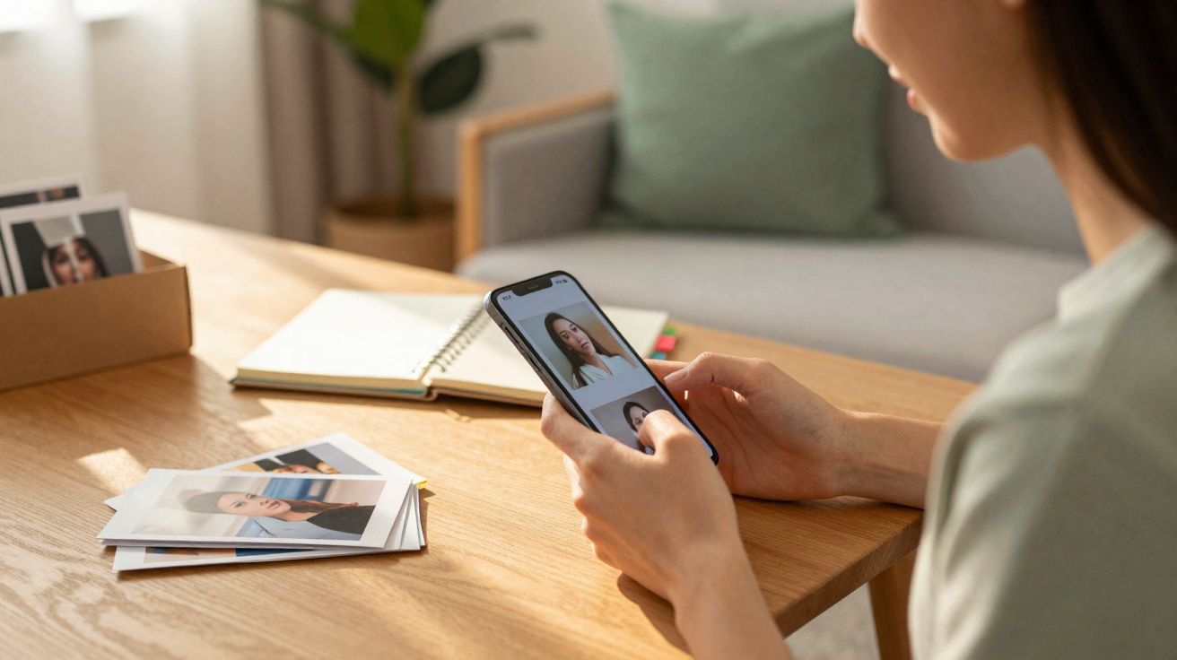 Pessoa analisando fotos de rostos em um smartphone, com fotos impressas e caderno sobre a mesa de madeira.