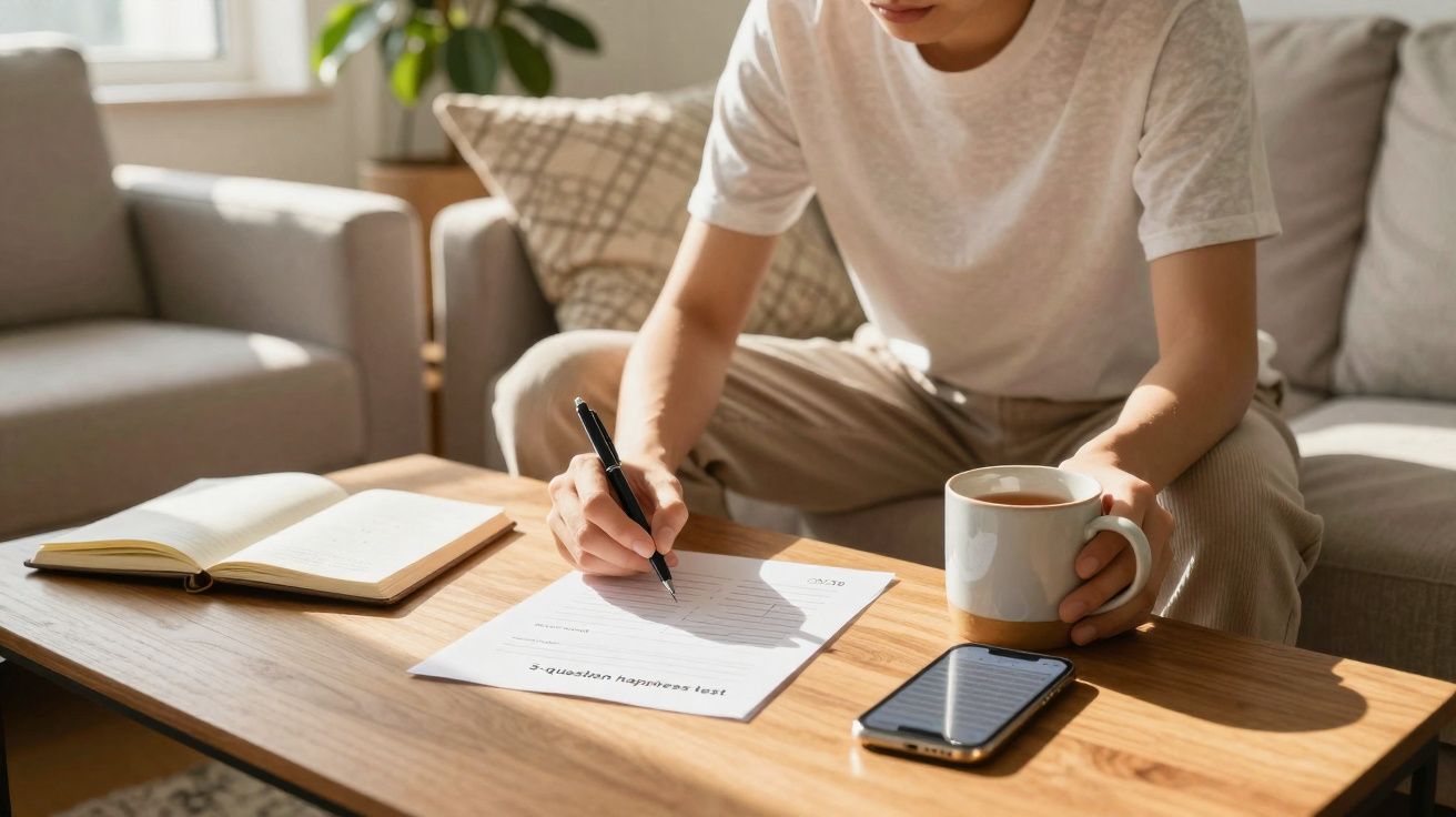 Pessoa escrevendo em lista sobre mesa com caderno, celular e segurando uma caneca de café.