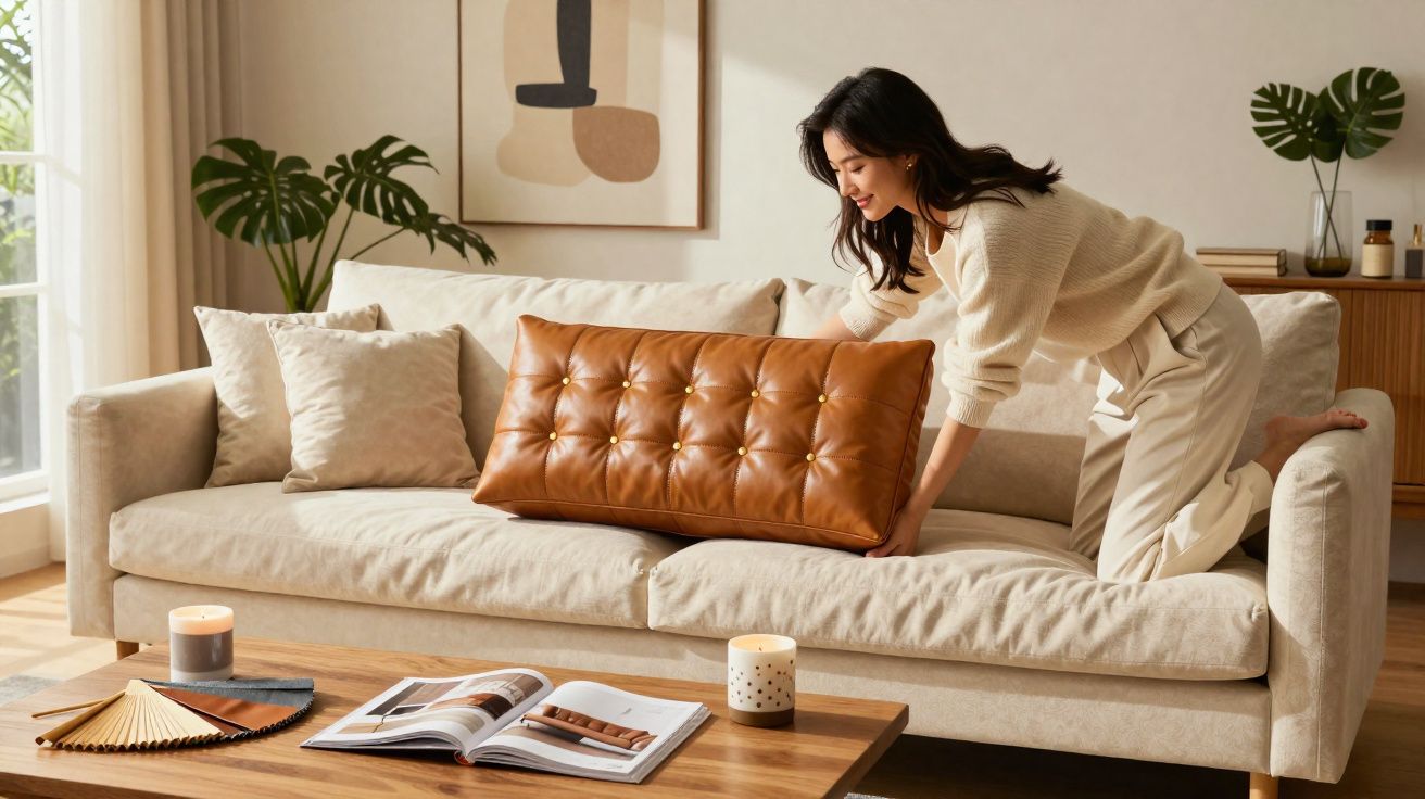 Mulher arrumando almofada de couro marrom em sofá creme em sala de estar iluminada.