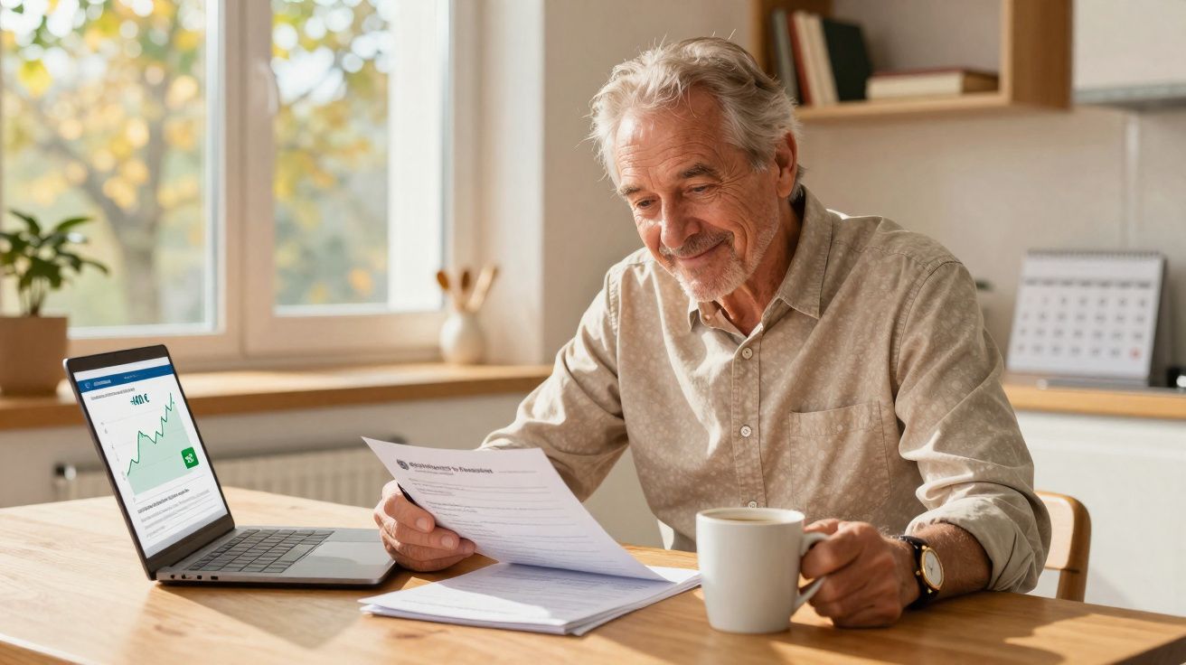 Homem idoso analisando documentos financeiros com laptop aberto e café na mesa iluminada pela janela.