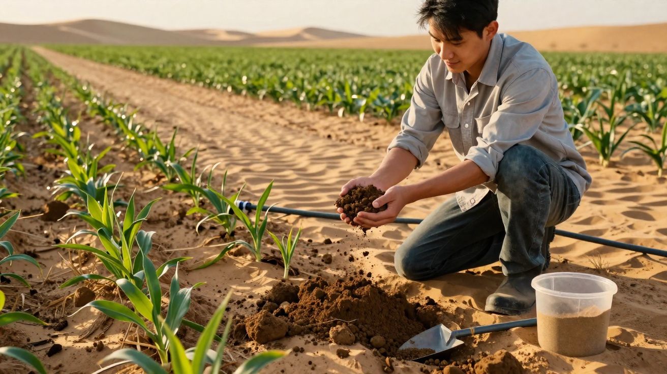 Homem ajoelhado analisando terra em plantação de milho no campo ensolarado.
