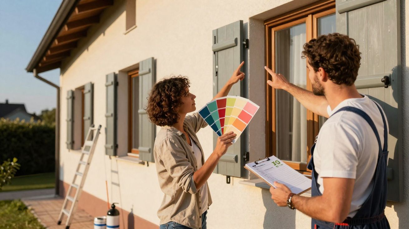 Casal escolhe cor para pintar janelas de casa, com paleta de cores e prancheta em mãos.