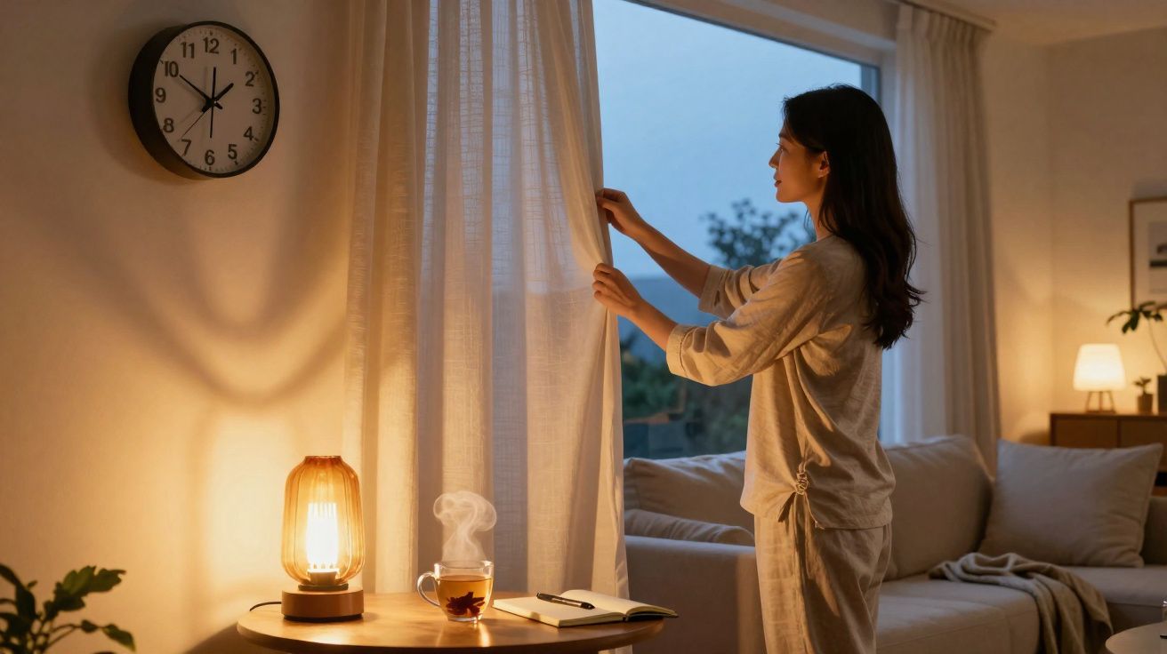 Mulher abrindo cortina em sala ao amanhecer, com relógio, luminária e xícara de chá na mesa.