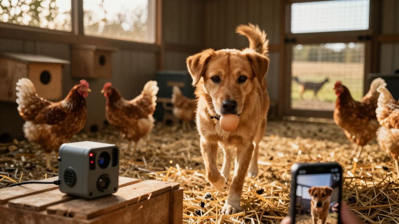 Cachorro segurando ovo na boca, cercado por galinhas, em galinheiro com pessoa fotografando com celular.