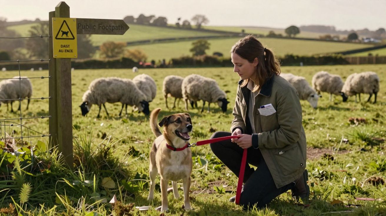 Mulher com cachorro de coleira vermelha ajoelhada em campo com ovelhas ao fundo e placa de trilha pública.