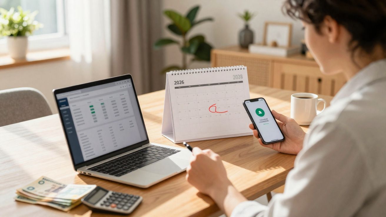 Pessoa usando celular e laptop em mesa com calendário marcado em abril de 2026, dinheiro e calculadora.