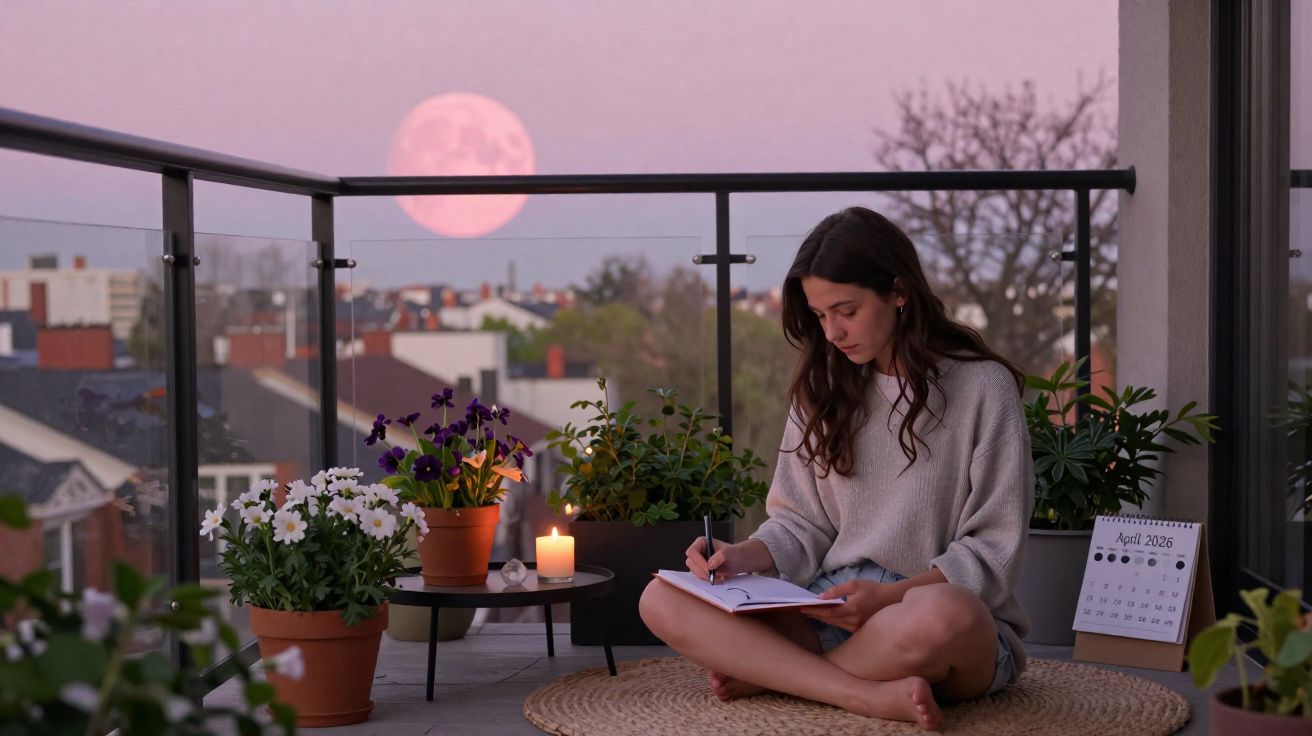 Mulher sentada na varanda escrevendo em um caderno ao pôr do sol com vela e calendário de abril.