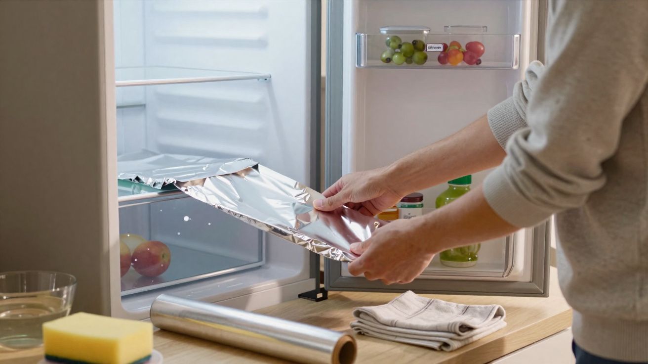 Pessoa cobrindo bandeja com papel alumínio dentro de geladeira aberta, com frutas na porta e maçãs na prateleira.