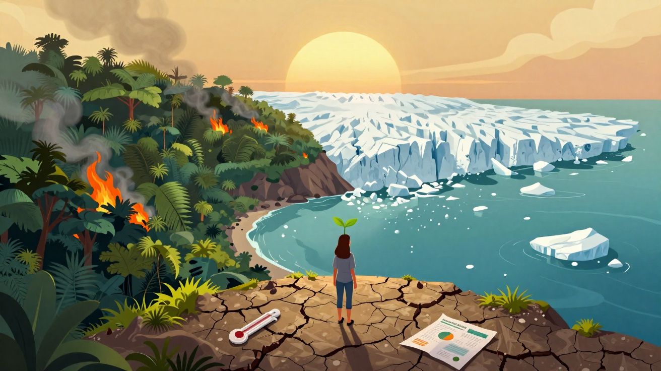 Pessoa com planta na cabeça observa floresta em chamas e geleira derretendo com termômetro e relatório no chão.