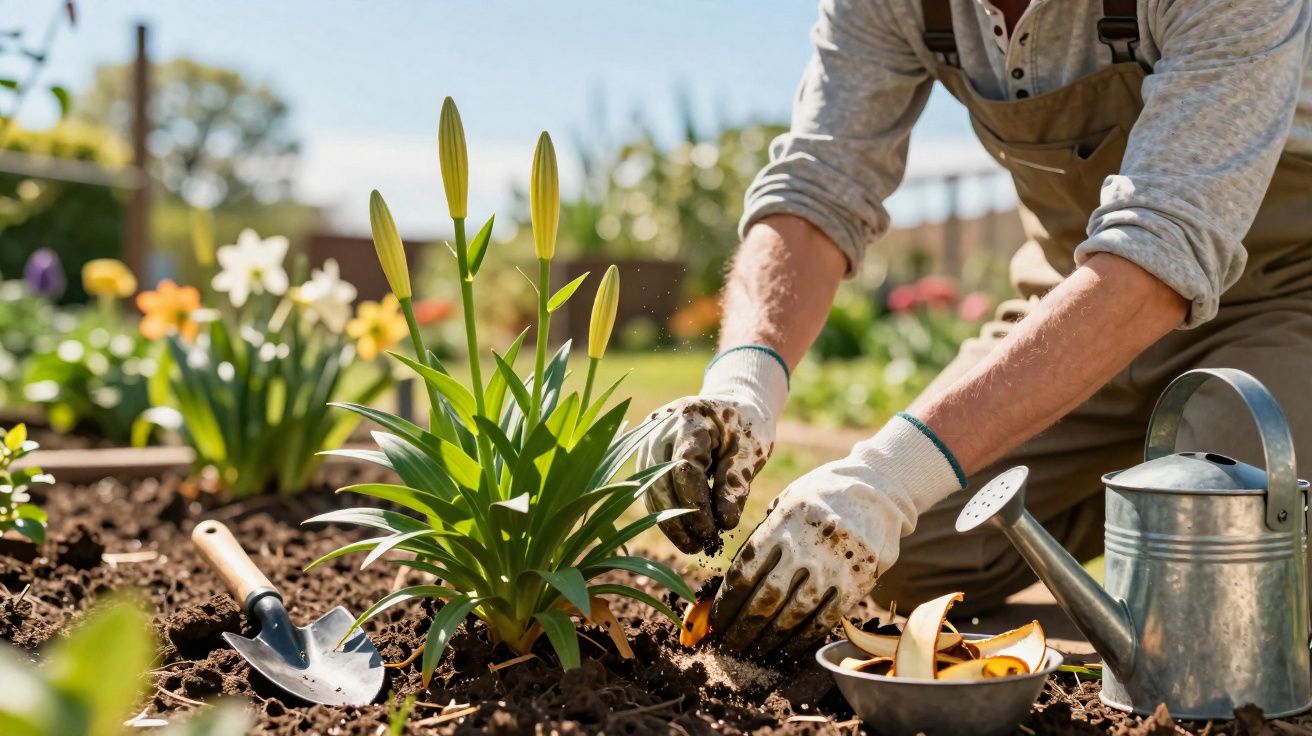 Pessoa com luvas plantando flores em jardim ensolarado com regador e pá ao lado.