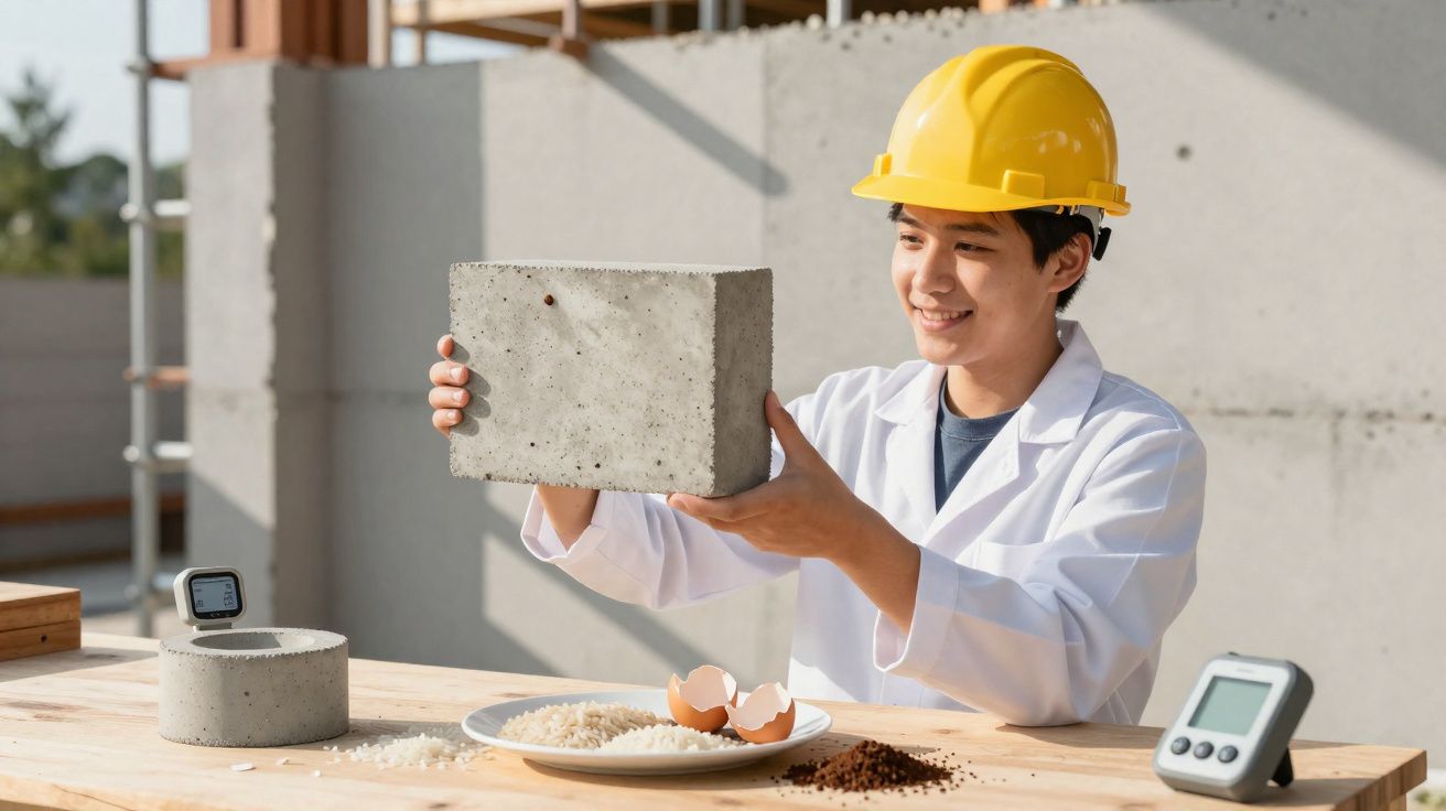 Jovem com capacete amarelo segura bloco de concreto em laboratório com amostras sobre mesa.