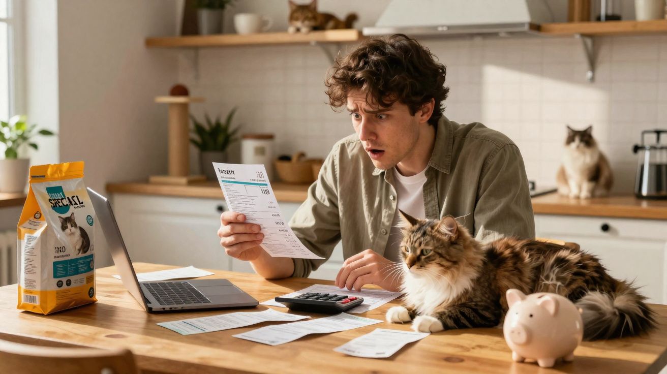 Homem surpreso analisando contas com gatos e cofrinho sobre mesa na cozinha.