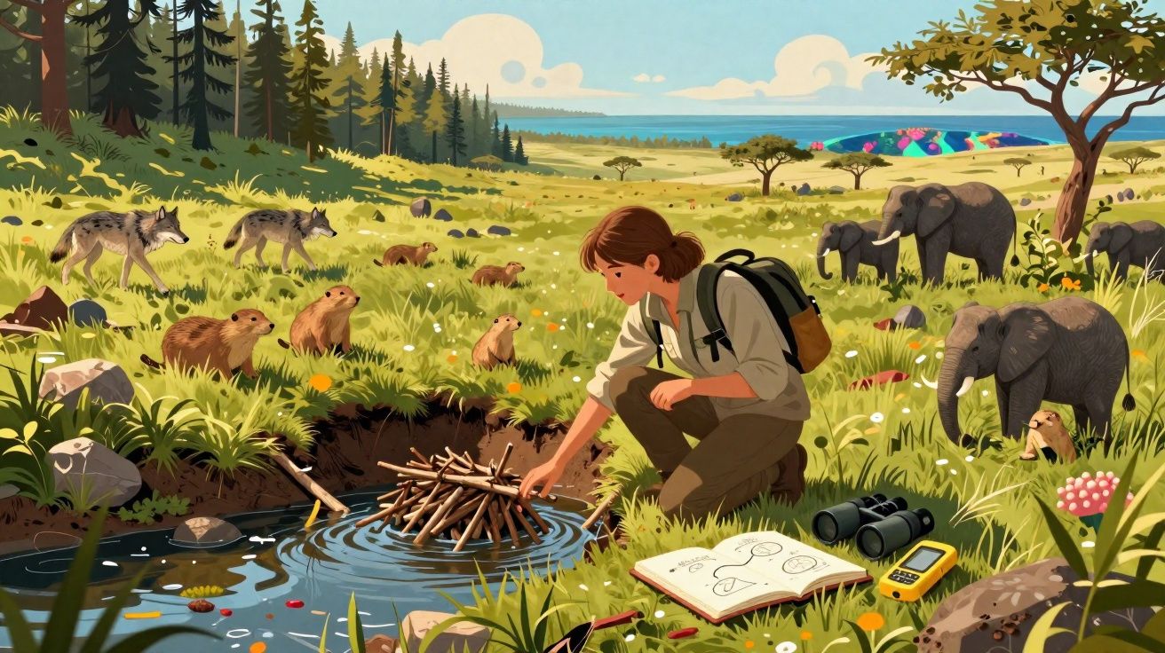 Pesquisadora em ecossistema montanhoso observa animais como lobos, elefantes e roedores perto de riacho.