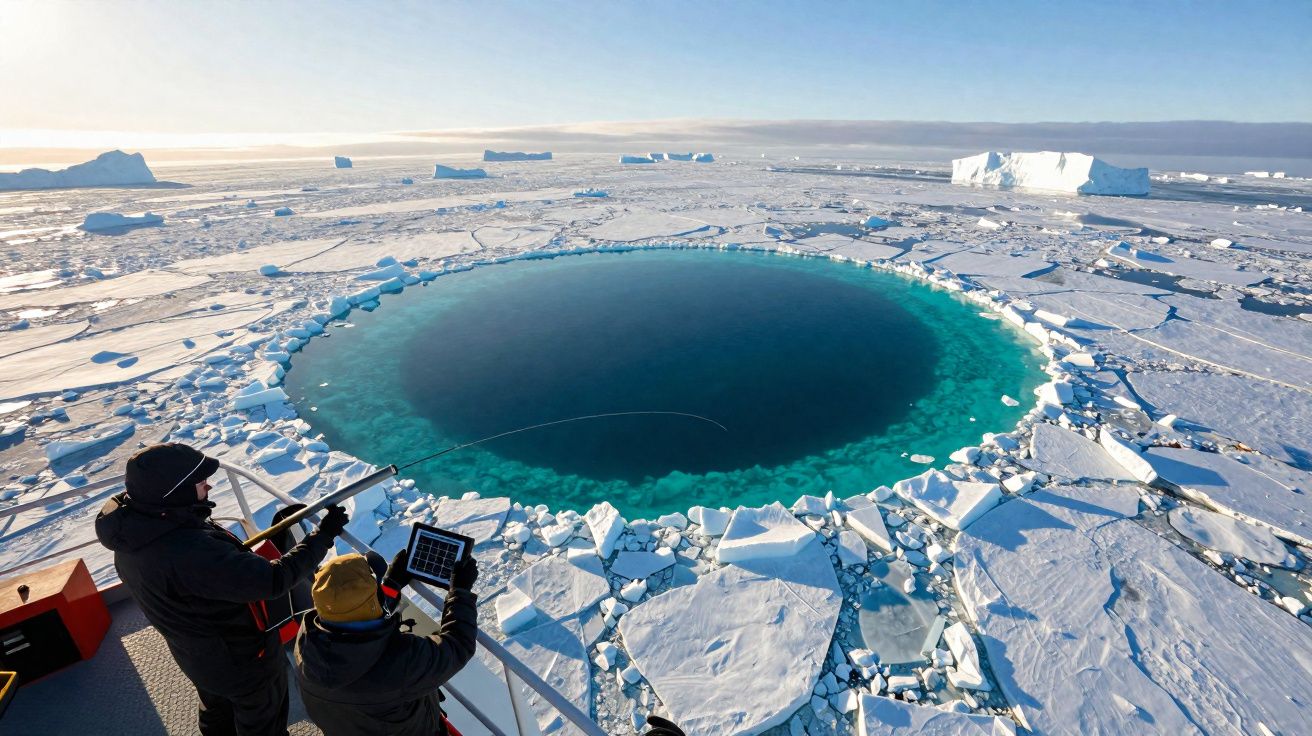 Dois pesquisadores observam um grande buraco circular azul no gelo do oceano congelado.